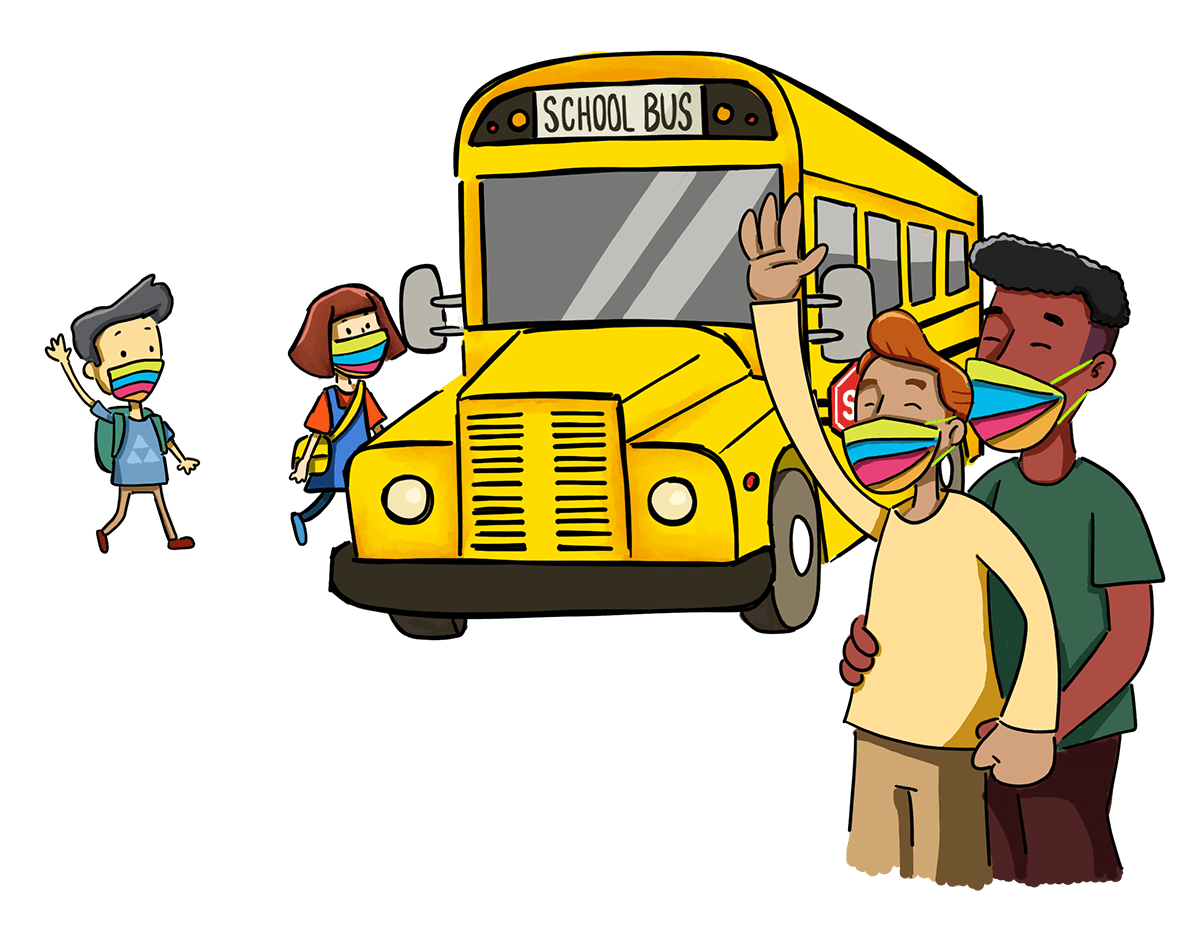 Parents waving to children on bus illustration